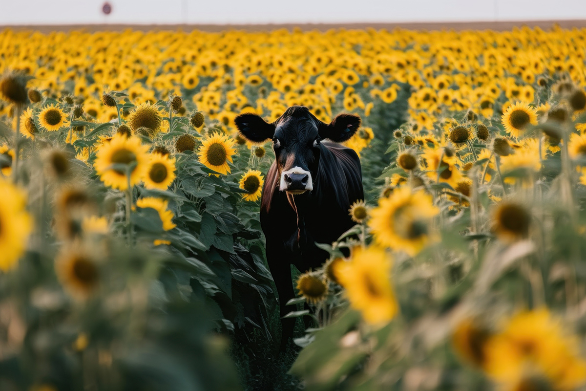 A cow stands in a field of sunflowers