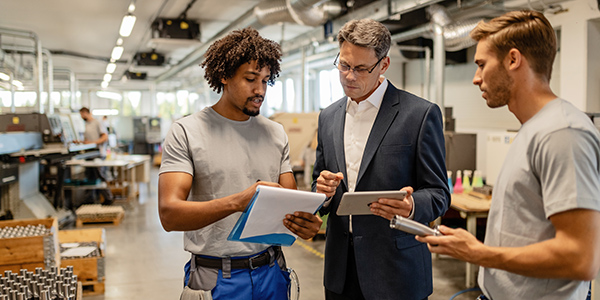Worker presenting idea to boss on the production floor. 