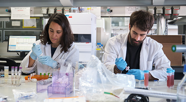 Two researchers working on animal health projects in the lab.