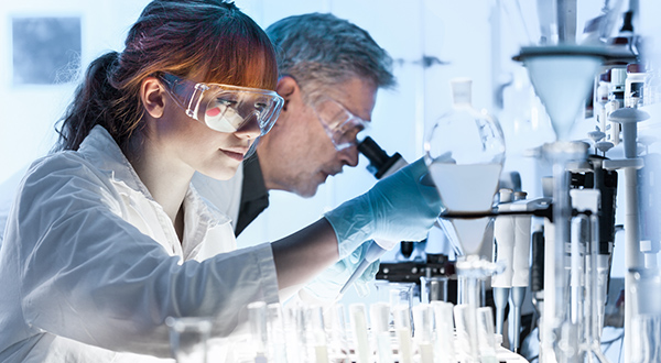 Two researchers working on animal health projects in the lab. 