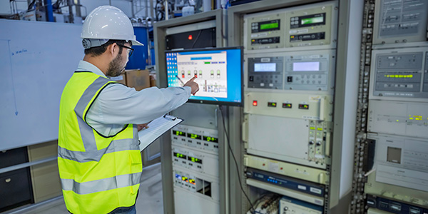 Man wearing hard hat and safety vest interacts with touchscreen monitor attached to industrial equipment. 