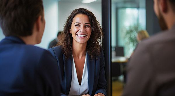 Woman confidently presenting an idea to her team.