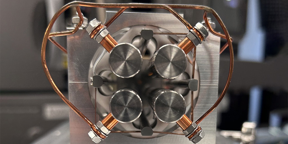 A view of the inside of a machine used in mass spectrometry.