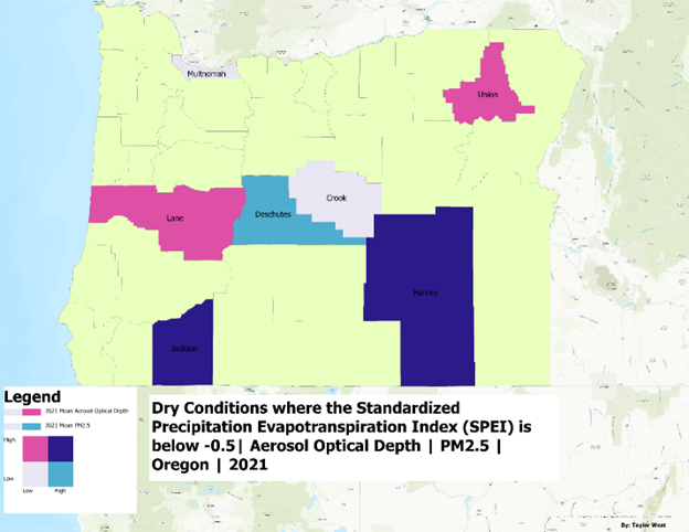 Spatial Relationship Between Drought Conditions, PM2.5 Pollution, and Public Health Risk in Oregon, 2021.