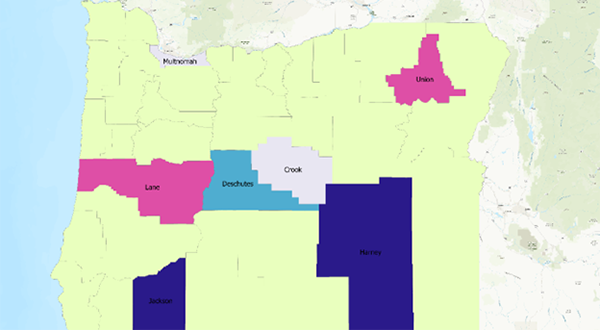 Map of Oregon with drought districts highlighted. 