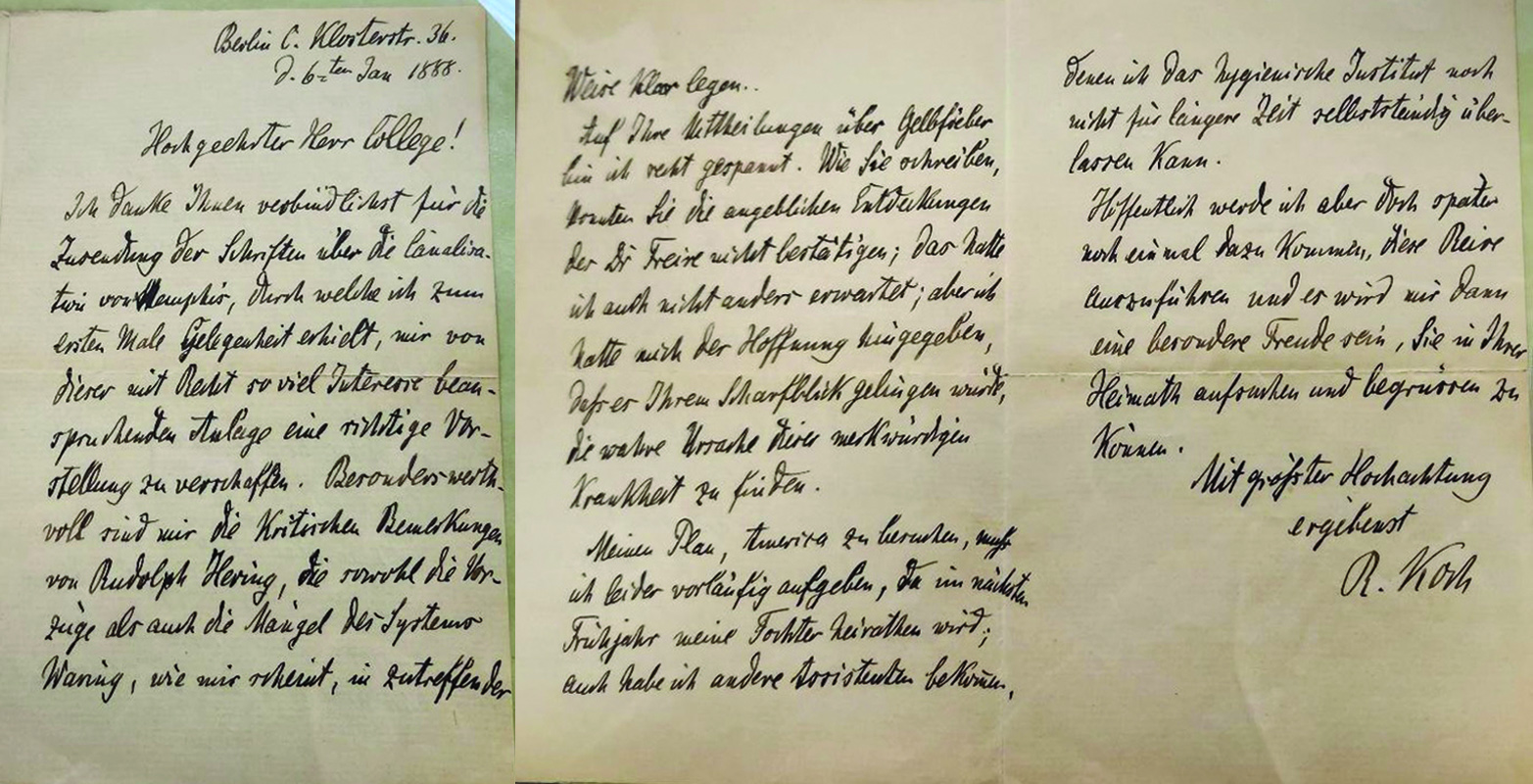 1888 handwritten letter from Robert Koch to George Miller Sternberg.