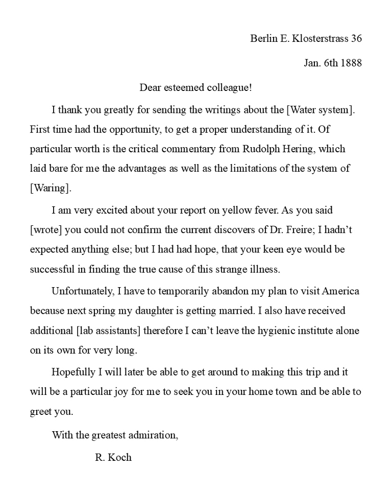 English translation of letter from Robert Koch to George Sternberg that was originally written in German.