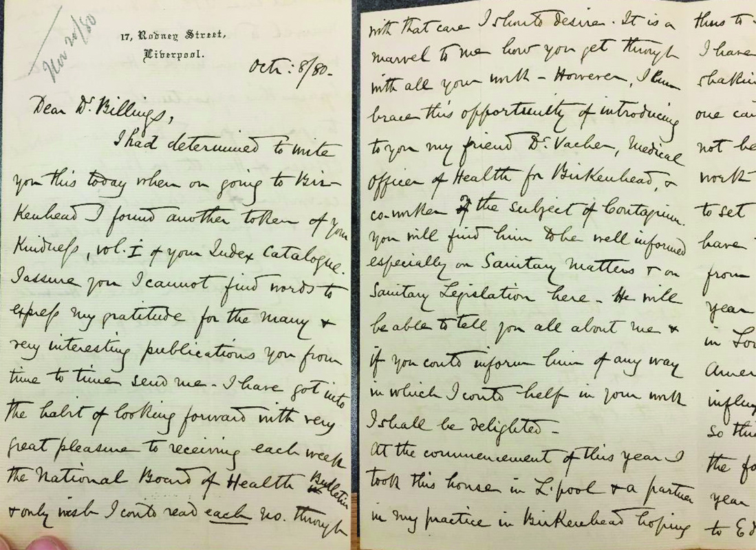 1880 handwritten letter from Peter Braidwood to John Shaw Billings.