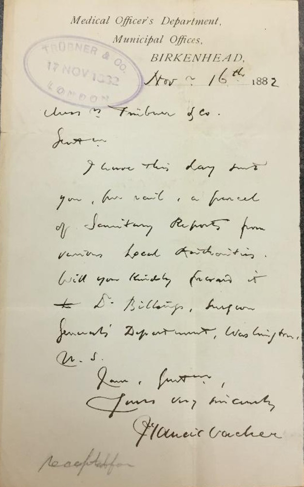 1882 handwritten letter from Francis Vacher to Peter Braidwood.