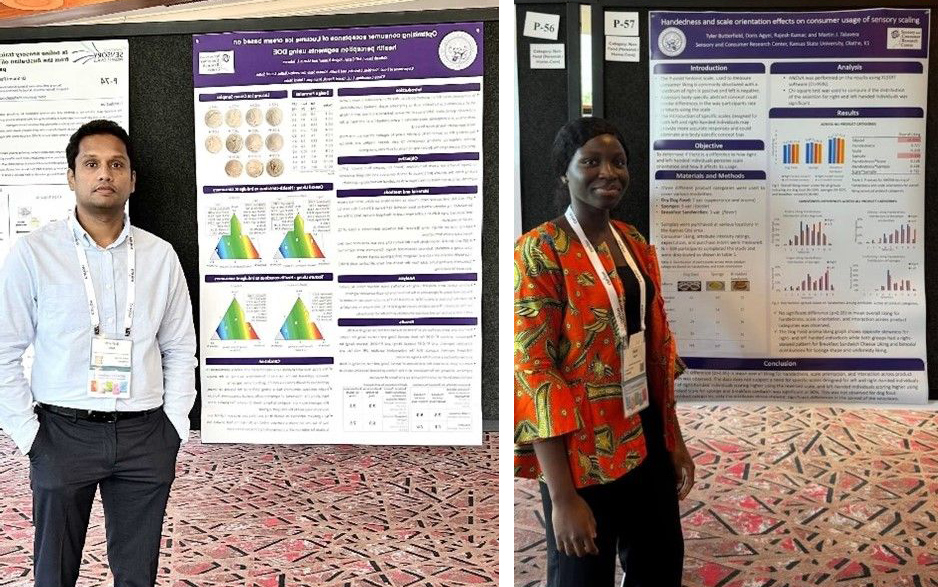 Students standing beside their research posted at the 2024 Society for Sensory Professionals Conference. 